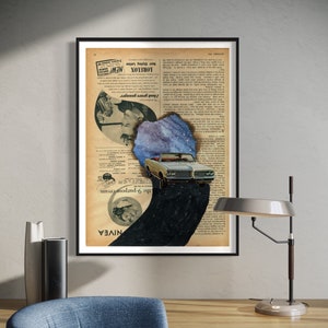 Driving car print, Travel print, Vintage car poster, A4, A3, A2 size print, Space portal art,