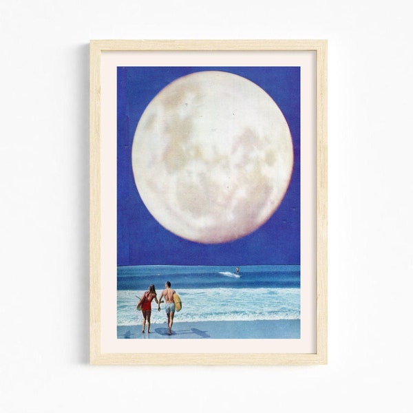Small prints -5x7 art print - Full moon sea art- Couple love print