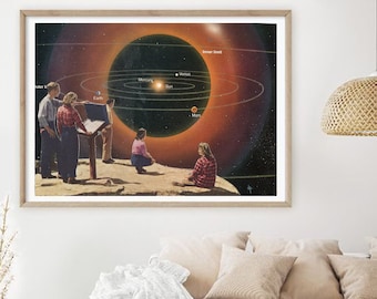 Solar system large wall art print, Beige brown wall decor, Extra large wall poster, Collage art, Hallway, Living room large prints