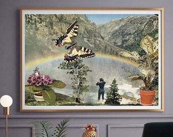 Rainbow nature large print, Butterfly artwork, Whimsical and fantasy art, Extra large art posters