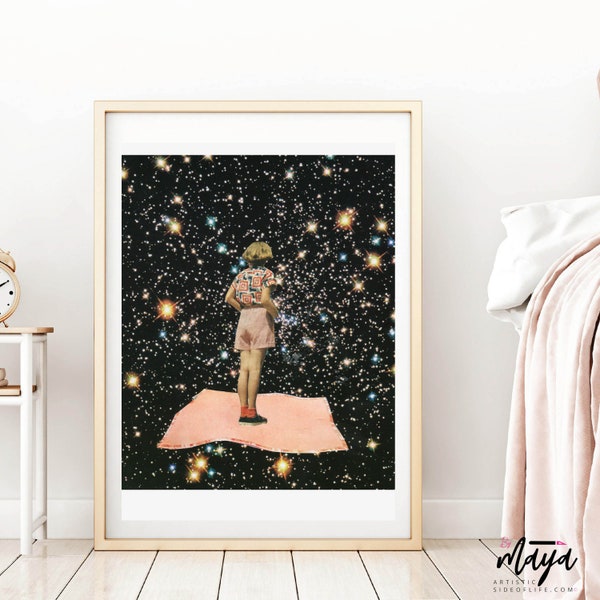 Universe prints, Girly art, Gift for her, Space poster, Flying , Wall Decor, Wall Art Prints
