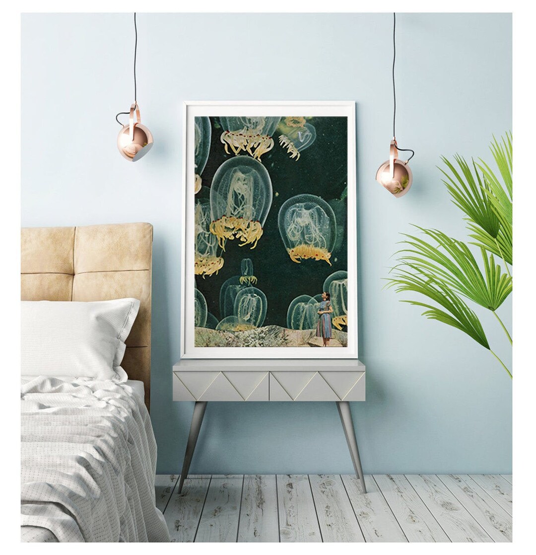 Image showcasing Large Wall Art, Bohemian Decor, Coastal Wall Art, Ocean, Sea, Jellyfish ...