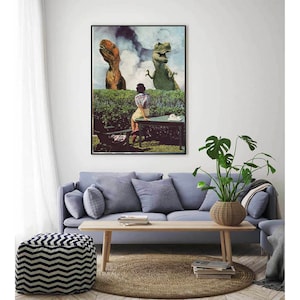May include: A woman sits at a table in a garden, looking up at two dinosaurs peeking over a hedge. The dinosaurs are green and brown, and the woman is wearing a plaid shirt and a red skirt.