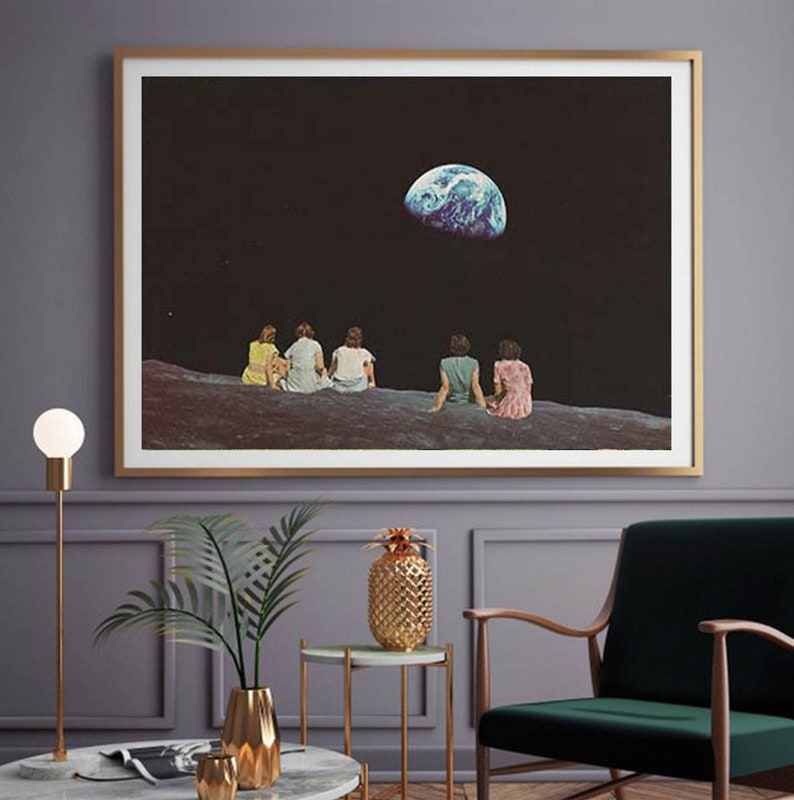 Extra large living room art print - Large space print - Earth and Moon art image 1
