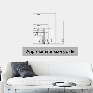 May include: Approximate size guide for wall art prints. The guide shows different sizes in inches, ranging from 5x7 to 24x32.