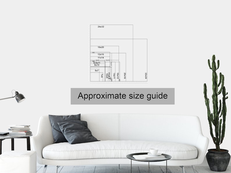 May include: Approximate size guide for wall art prints. The guide shows different sizes in inches, ranging from 5x7 to 24x32.