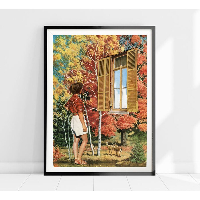 May include: Framed art print depicting a surreal scene. A person in a red plaid shirt and white shorts gazes at a window with open shutters. The window is set in an autumn forest with deer, with vibrant red and yellow leaves.