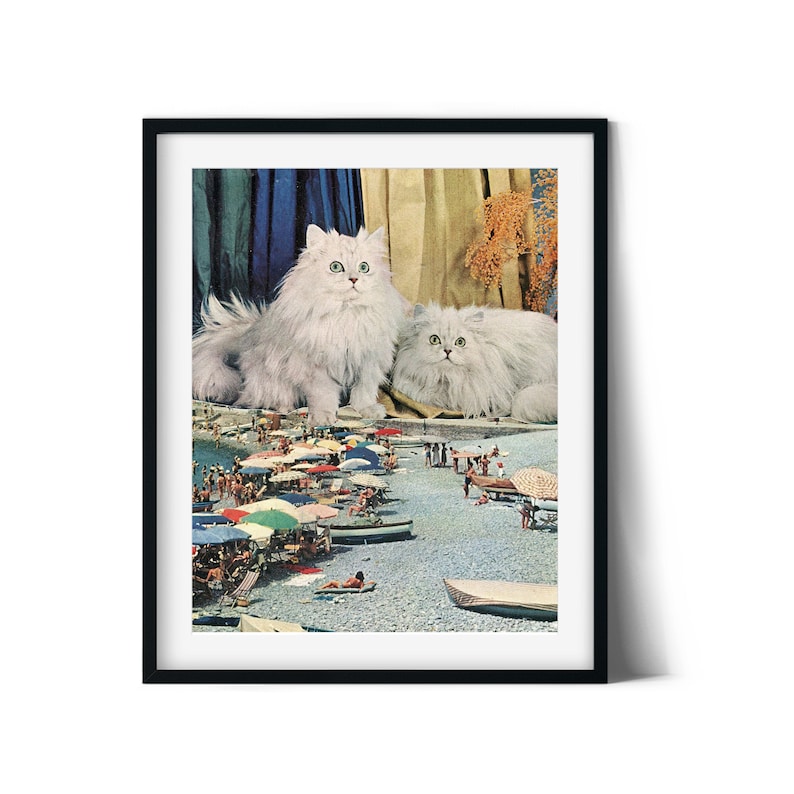 May include: A collage featuring two white Persian cats sitting on a beach with a crowd of people in the background. The cats are looking at the camera, and the beach is filled with colorful umbrellas and boats.