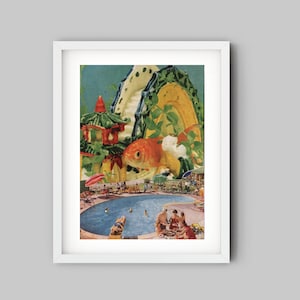 Impression GoldFish, Art de la petite piscine, impression d’art 5x7, collage photo vintage sur carte postale