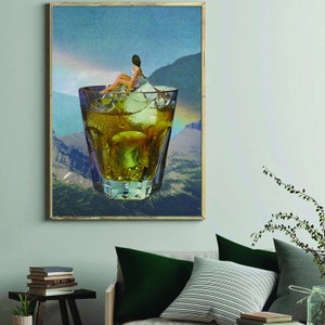 May include: A vintage-style collage featuring a woman sitting on a mountain of ice in a glass of amber liquid. The background is a blue sky with a rainbow.