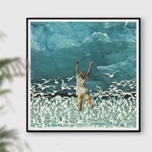 Stampa blu, stampa mare, poster oceano, stampe retrò, stampe uccelli, colombe, arte ispiratrice, decorazione murale, arte murale