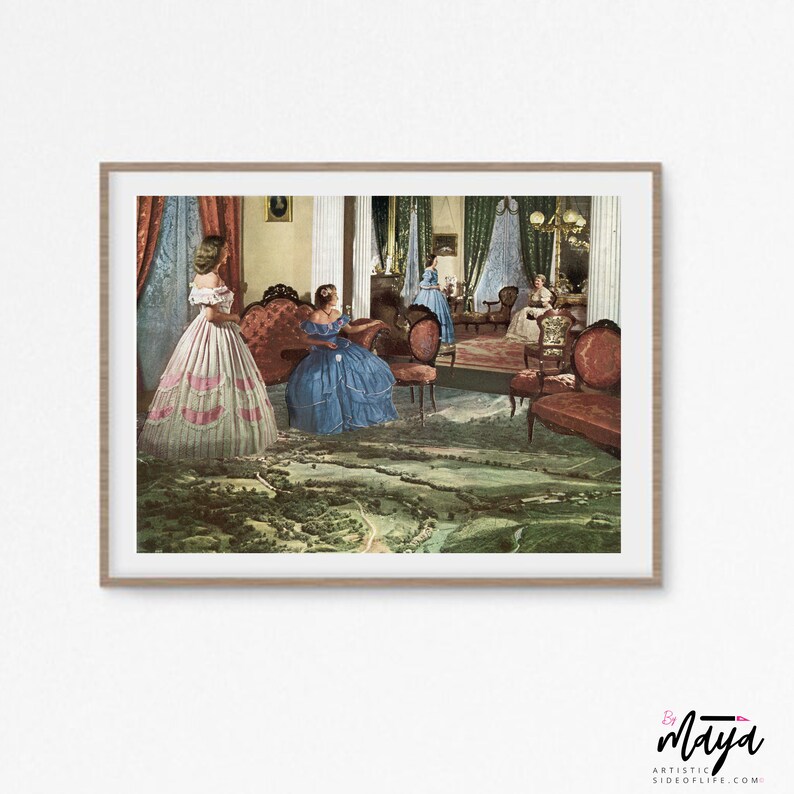 May include: A vintage photograph depicting a group of women in elegant dresses gathered in a grand room with ornate furniture. The women are standing and sitting in a formal arrangement, with a patterned carpet beneath their feet. The room features high ceilings, large windows, and a decorative chandelier.