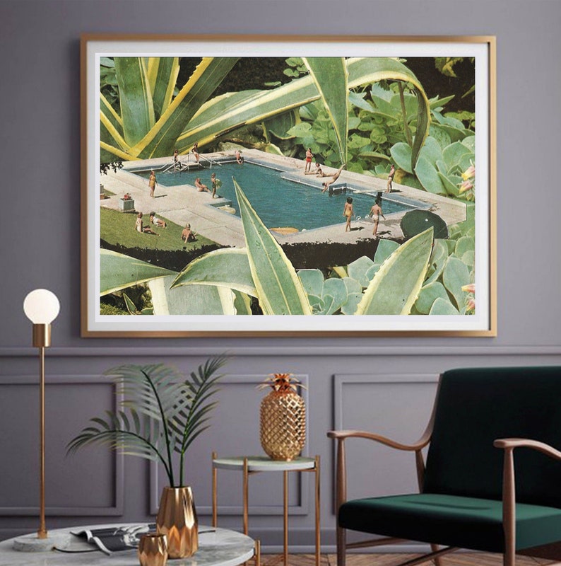 Green plants around swimming people and people. Large wall art print