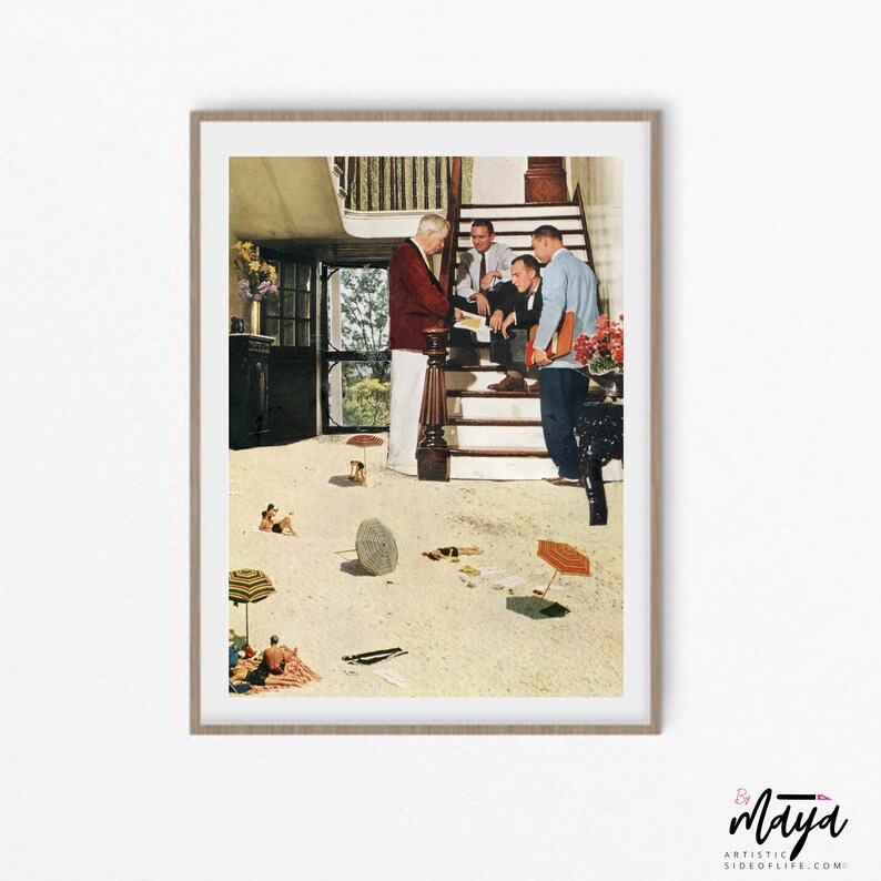 May include: A framed art print featuring a surreal collage. The image depicts a group of men on a staircase indoors, while beach scenes with umbrellas and people are superimposed on the floor. The artwork has a vintage aesthetic.
