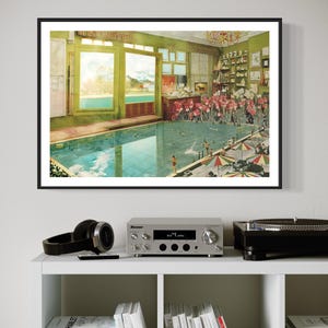 May include: A framed collage art print featuring a surreal indoor swimming pool scene with a view of a tropical landscape through a large window. The pool is filled with water and surrounded by lush greenery and flowers. The scene is reminiscent of a dreamlike escape.