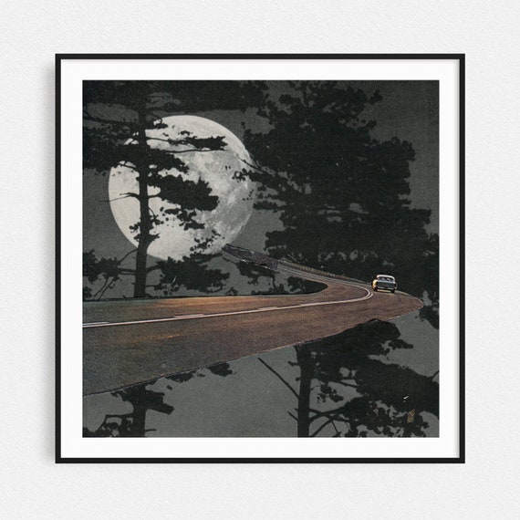 Vintage car prints, Black and white print, Full Moon poster, Minimalist art, Gift for car lover, Gift for him