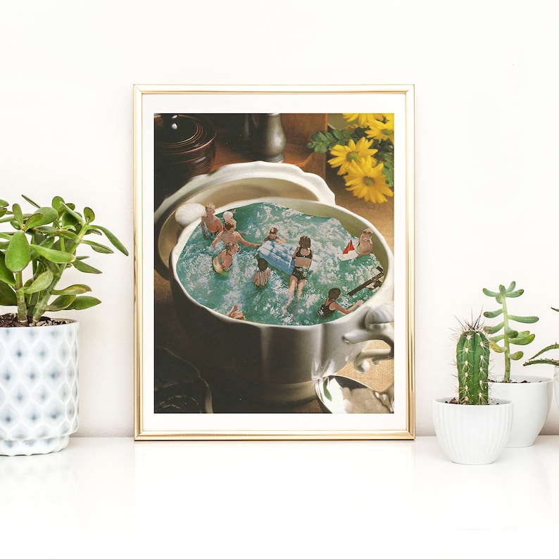May include: A vintage-style collage featuring a white ceramic serving bowl filled with blue water and miniature figures of people swimming and playing. The bowl is surrounded by a yellow flower and a spoon.