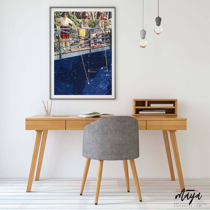 May include: A framed collage art print featuring three women standing on a bridge, with a constellation map in the background. The bridge is suspended over a dark blue sky with white stars.