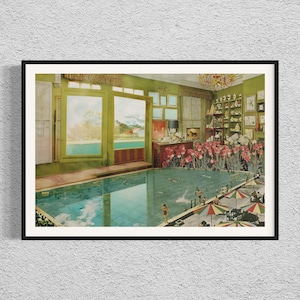May include: A framed print of a surrealist collage featuring a swimming pool inside a room with a view of a lush green landscape. The pool is surrounded by pink flowers and there are miniature figures swimming in the pool.