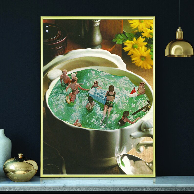May include: A vintage-style collage of children playing in a large, white ceramic bowl filled with green water. The bowl is shaped like a teacup and has a handle. The children are wearing swimsuits and are playing with toys, including a small boat and a floating ring.