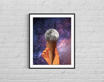Moon ice cream art, Ice cram print, Purple space art, Summer fun art
