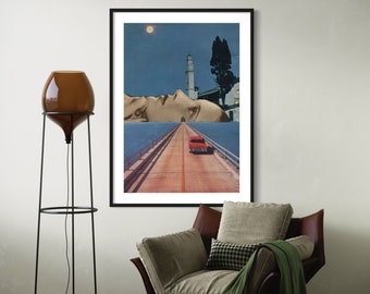 Extra large blue print, Vintage classic red car poster, Unique art, Living room, Bedroom, Hallway decor