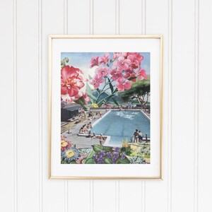 May include: A vintage-style collage featuring a swimming pool with people in it, surrounded by pink and purple flowers. The image has a retro feel and is perfect for a summery decor.