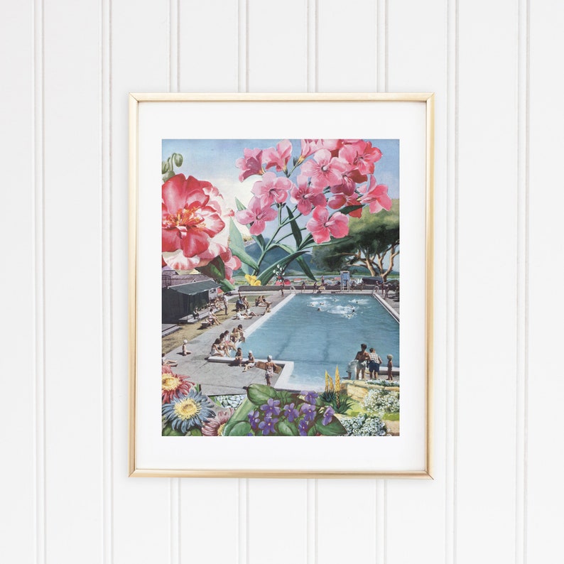 May include: A vintage-style collage featuring a swimming pool with people in it, surrounded by pink and purple flowers. The image has a retro feel and is perfect for a summery decor.