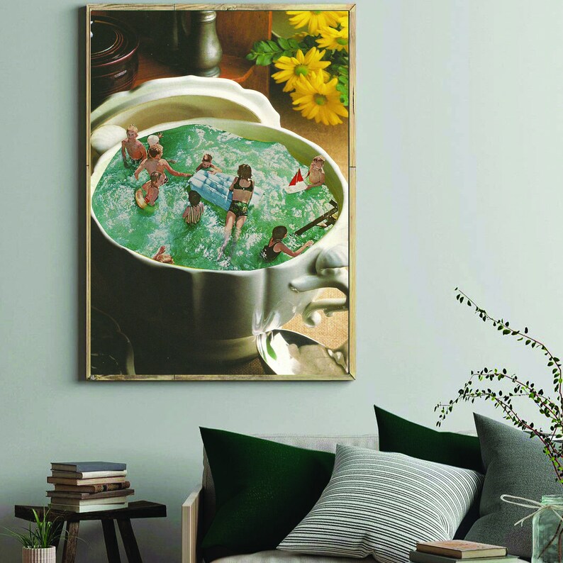 May include: A vintage-style illustration of a large white teacup filled with green water.  Small figures of people are swimming and playing in the water.  The teacup is sitting on a table with a spoon next to it.