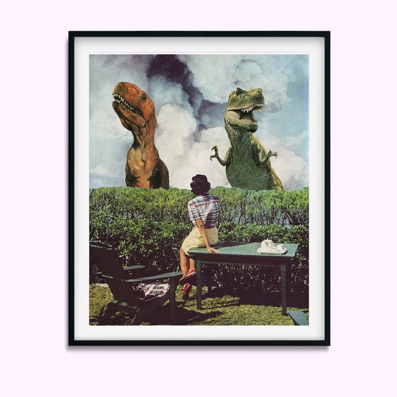May include: A woman sits at a table in a garden, looking up at two dinosaurs peeking over a hedge. The dinosaurs are green and orange, and the sky behind them is cloudy.