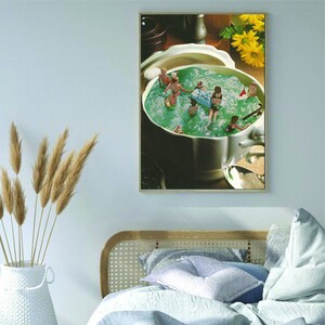 May include: A vintage-style illustration of a large white ceramic bowl filled with green water and miniature people swimming. The bowl is surrounded by a brown surface and a yellow flower.