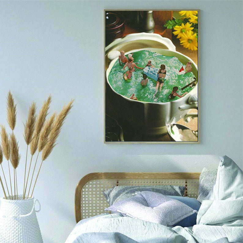 May include: A vintage-style illustration of a large white ceramic bowl filled with green water and miniature people swimming. The bowl is surrounded by a brown surface and a yellow flower.