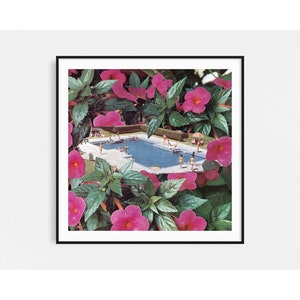 Pink floral swimming pool print, Square large art, Summer print, Botanical prints, Collage artwork