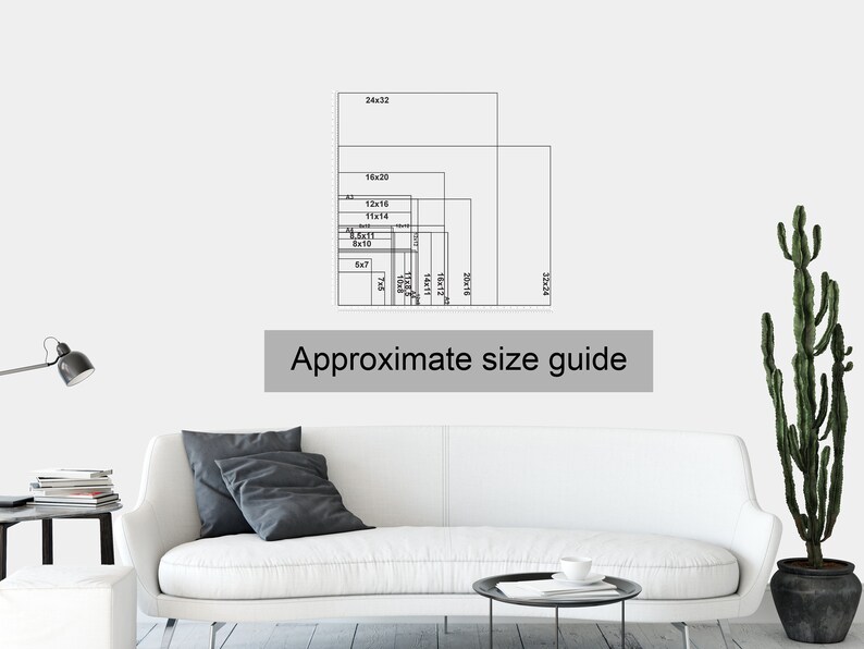 May include: Approximate size guide for wall art prints. The guide shows different sizes in inches, ranging from 5x7 to 24x32.