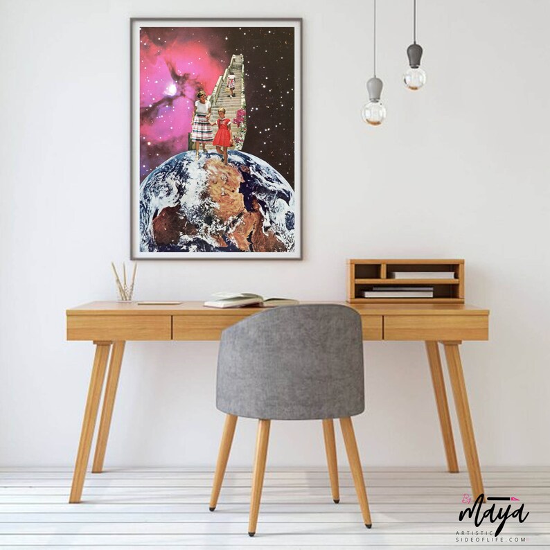 May include: A collage art print featuring a group of people walking up a staircase that leads to a pink nebula in space. The staircase is on top of a globe representing Earth.