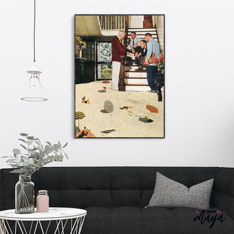 May include: A framed print featuring a vintage collage scene. The artwork depicts a group of men on a staircase, with a beach scene superimposed below. The beach scene includes people, umbrellas, and scattered objects, creating a surreal juxtaposition.