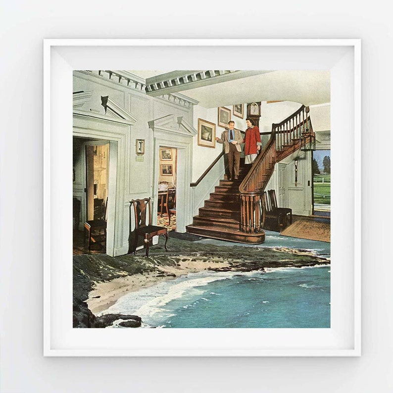 May include: A surrealist collage of a grand house interior with a staircase leading up to a landing. The floor of the house has been replaced with a beach scene with crashing waves.