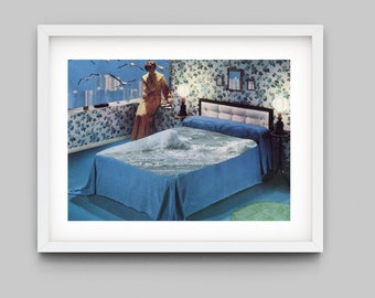 Bedroom collage art, Blue surrealism print, Hotel room art