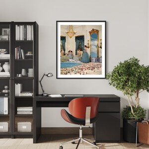 May include: A framed print of a surrealist collage featuring women in elegant dresses standing in a room with a large mirror reflecting a beach scene with people.