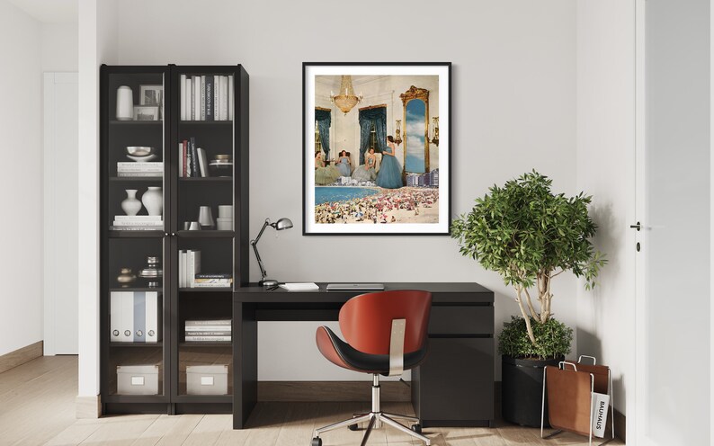 May include: A framed print of a surrealist collage featuring women in elegant dresses standing in a room with a large mirror reflecting a beach scene with people.