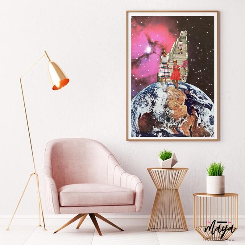 May include: A collage print featuring two people walking up a staircase that leads to a planet Earth floating in space. The background is a pink and purple nebula.