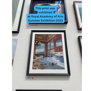 May include: A framed collage artwork depicting a room with multiple windows, each showing a beach scene with crashing waves. The text "This print was exhibited at Royal Academy of Arts Summer Exhibition 2023" is displayed in a blue box above the artwork.