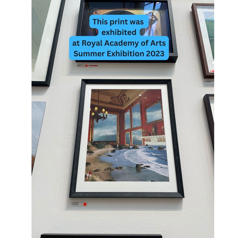 May include: A framed collage artwork depicting a room with multiple windows, each showing a beach scene with crashing waves. The text "This print was exhibited at Royal Academy of Arts Summer Exhibition 2023" is displayed in a blue box above the artwork.