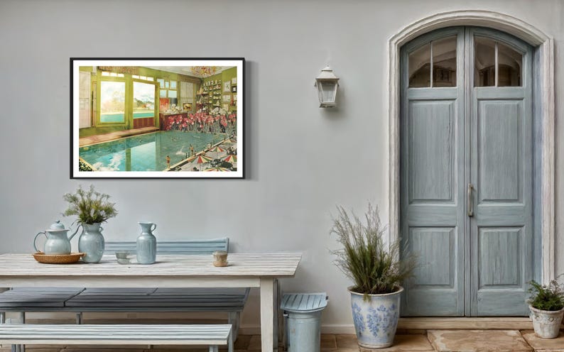 May include: A framed vintage illustration of a swimming pool with people in bathing suits. The pool is surrounded by a green tiled floor and the walls are painted a pale green. The windows are open and there is a view of a mountain range in the distance.