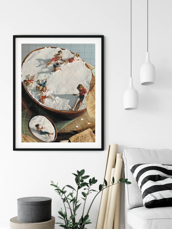 Snow print, Snow fun poster, Winter art, Soup food photomontage art, Retro art, Kitchen, Living room art