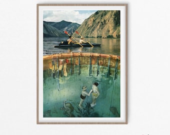 May include: A vintage collage art print featuring two people in a canoe on a lake with mountains in the background. The bottom half of the image shows the same scene but underwater, with the people swimming.