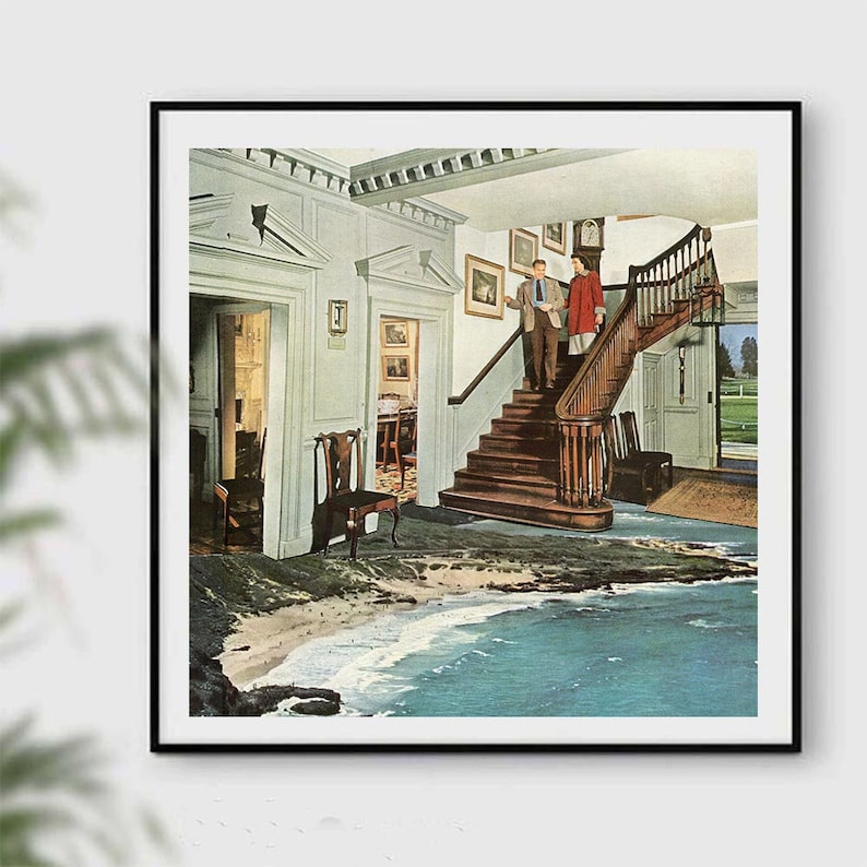 May include: A surrealist collage of a home interior with a staircase leading to a beach scene. The staircase is made of wood and has a wooden railing. The beach scene is a blue ocean with white waves crashing on the shore. The home interior is decorated in a traditional style with white walls and a wooden floor.