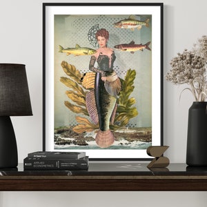 Zeemeerminprint, onderwaterkunstwerk, zeemeerminillustratie, vintage collagekunstprint