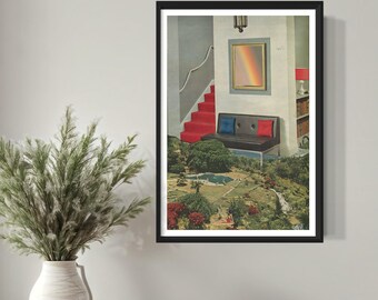 May include: A framed art print featuring a surreal interior scene. A red carpeted staircase leads upwards. A black sofa with blue and red cushions sits below a framed rainbow. A miniature landscape with a pool is in the foreground.