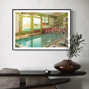 May include: A framed print of a surrealist collage depicting a swimming pool inside a room with an open window overlooking a lake. The pool is filled with water and has people swimming in it. There are also flowers and other objects in the room.